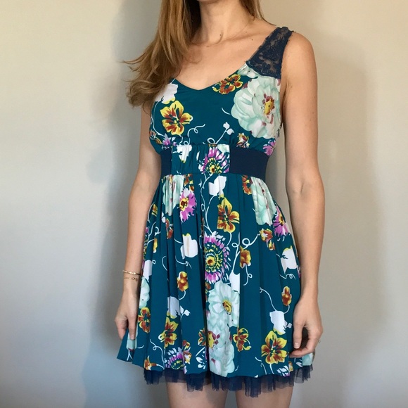 Free People Blue Floral Lace and Tulle Mini Dress - Picture 1 of 4